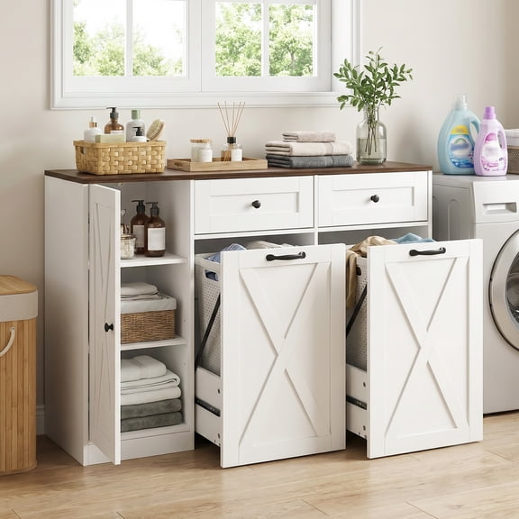 Magic Union Double Kitchen Hidden Trash Can Cabinet with Storage, 25 Gal Large Pull Out Garbage Can Cabinets with 2 Drawers, Dual Dog Proof Recycling Cabinet for Kitchen, Dining & Living Room, White