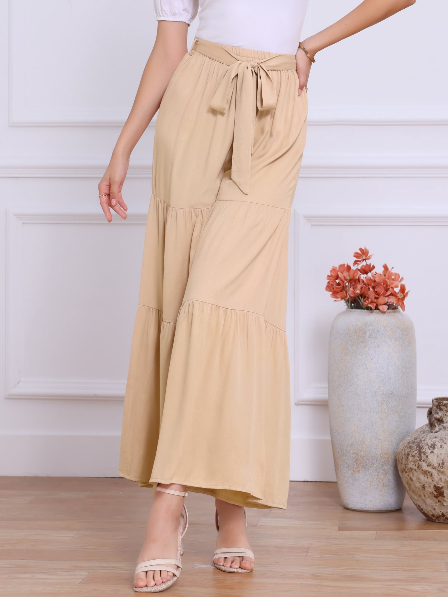 DARING DIVA Women's Boho Elastic High Tie Belt Ruffle Hem Palazzo Pants L Light Khaki