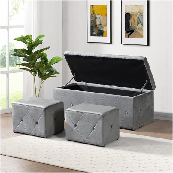 JERFIT Velvet Storage Ottoman Bench with Seat, Light Gray Footstool for Living Room, Bedroom