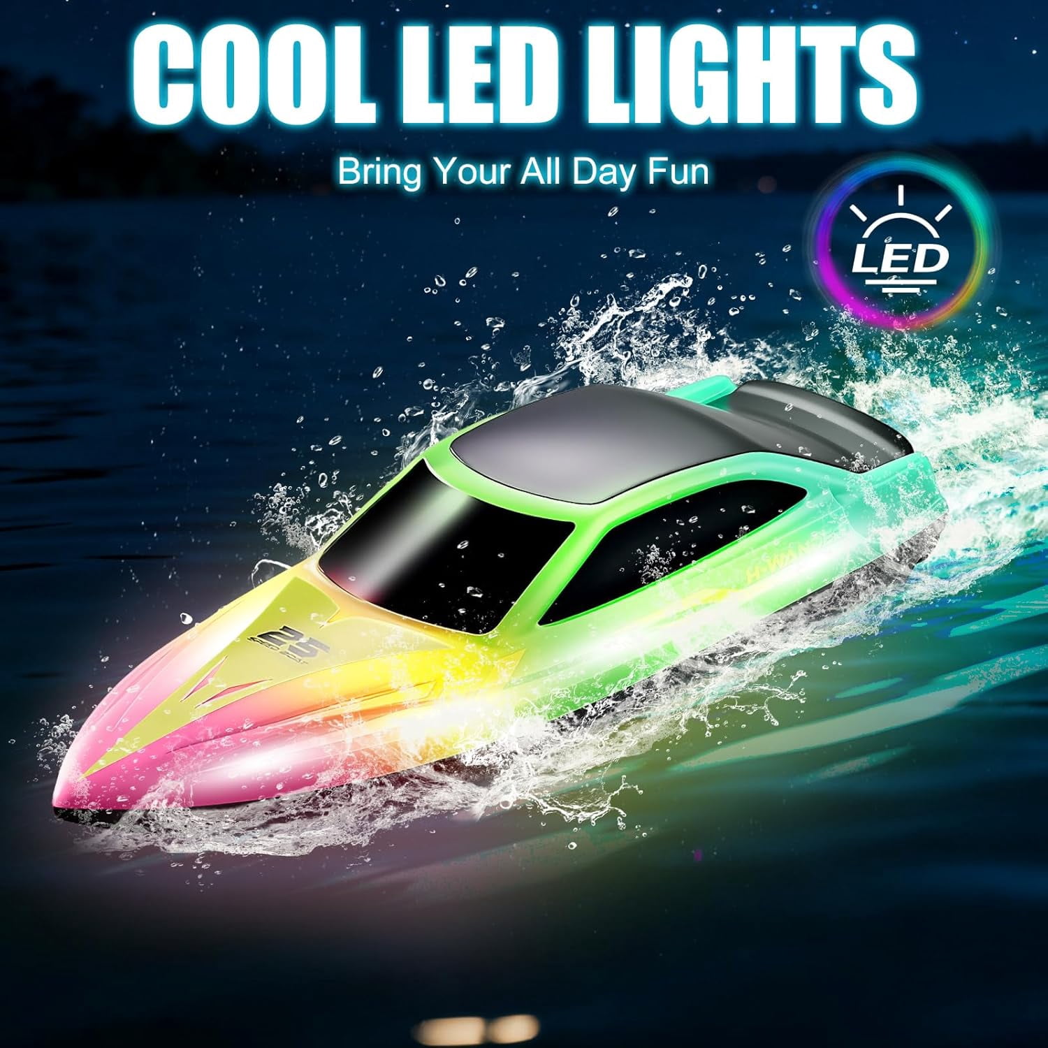 HYPERLIVING Remote Control Boat,15KM/H Fast Racing Boat with LED Light, Never Capsize, Summer Water Pool Toy for Adults & Kids
