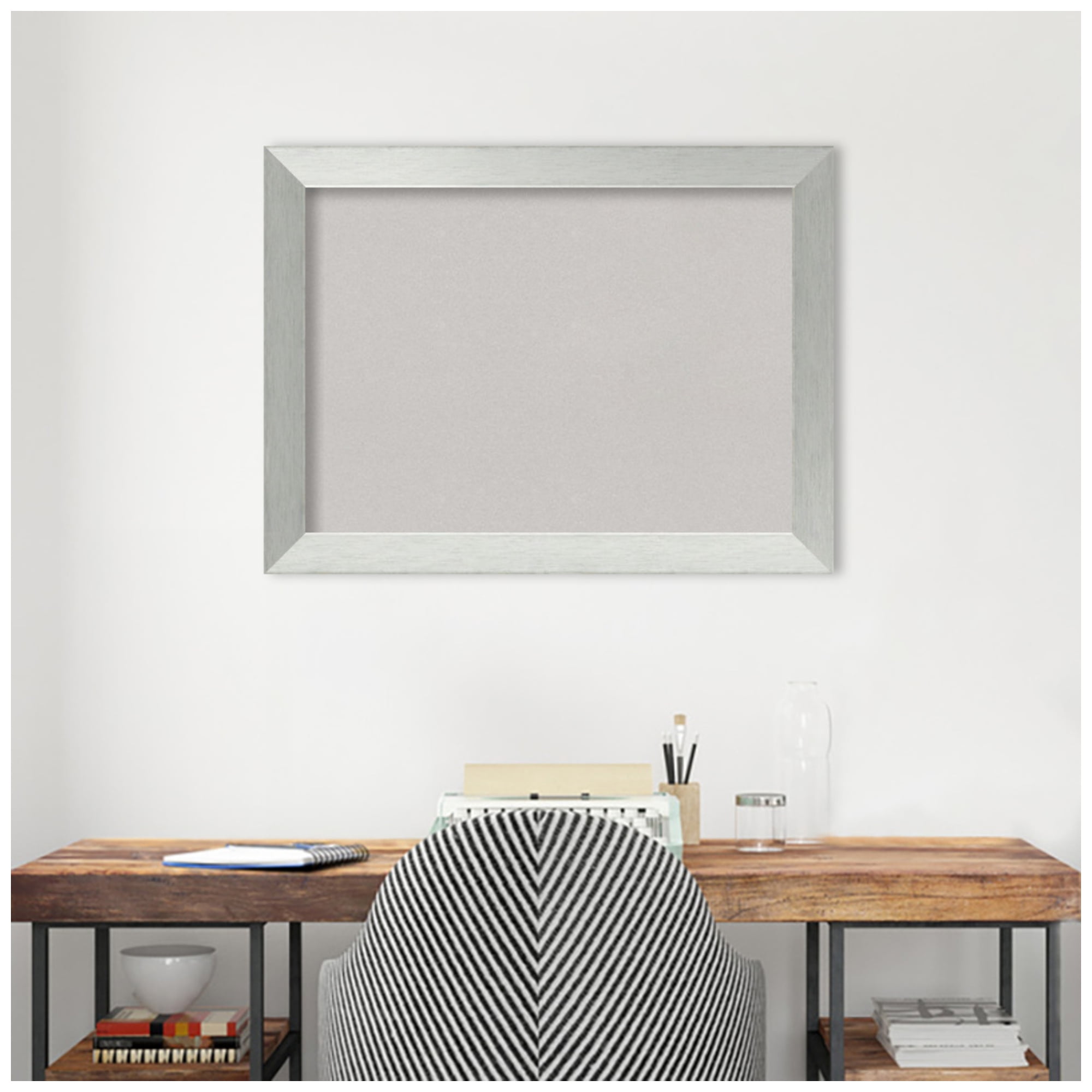 Amanti Art Grey Cork Board Wood Framed Brushed Sterling Silver Bulletin Board 32 in. x 24 in.