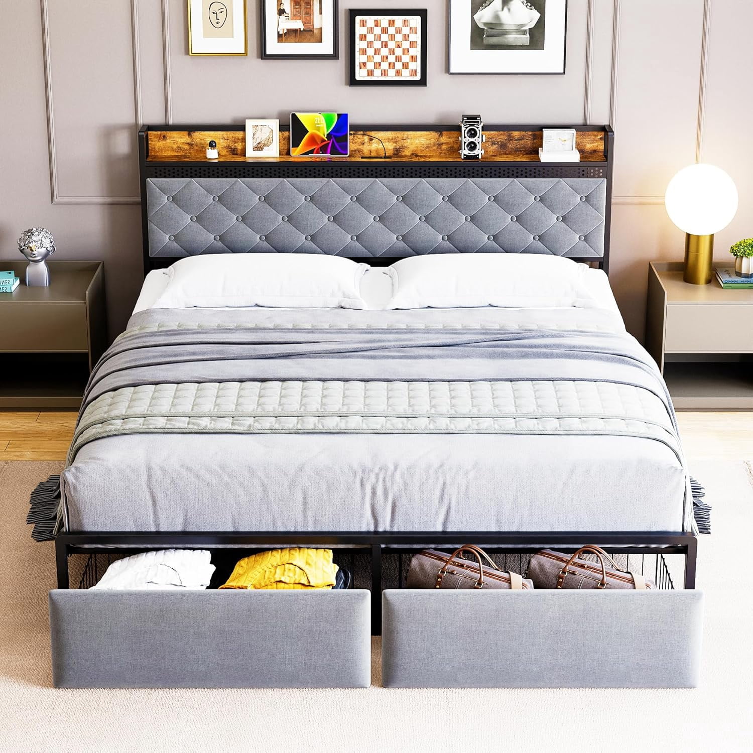 Historyli King Size Bed Frame with RGB LED Lights,Storage Headboard & 2 Storage Drawers,Upholstered Platform Bed with USB Ports & Outlets,Noise Free,Easy Assembly,No Box Spring Needed,Grey