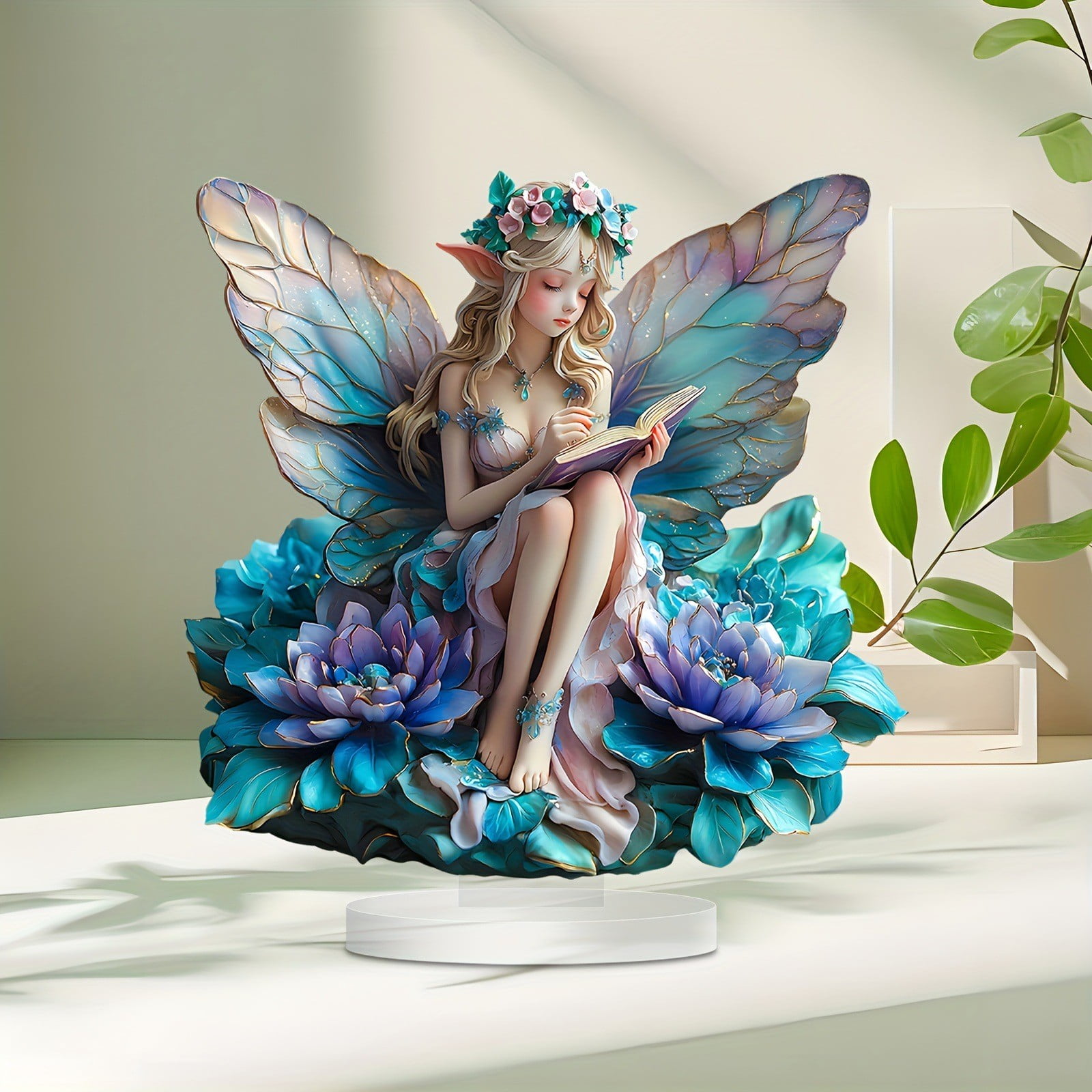 Fairy Garden Statue Decor,Butterfly Flower Elf Reading Book Statue Ornaments,Acrylic 2D Fairy Tabletop Decoration,Home Festival Party Decor