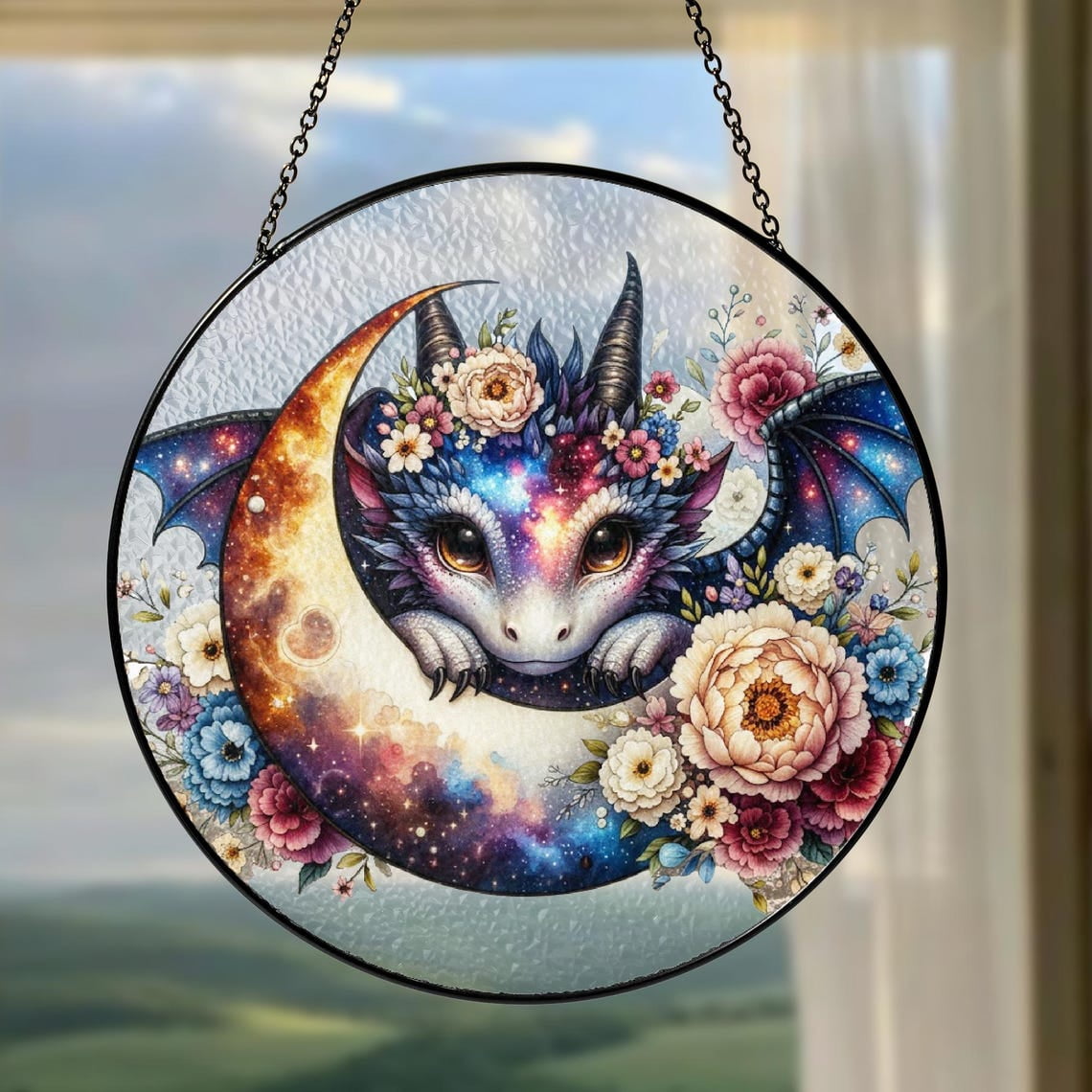 Dragon on Books Glass Suncatcher v3 Rainbow Wing Fantasy Art Gothic Book Lover 3.5 in