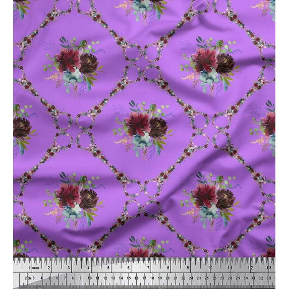 Soimoi Purple polyester Crepe Fabric Leaves,Floral & Diamond Geometric Print Sewing Fabric BTY 42 Inch Wide