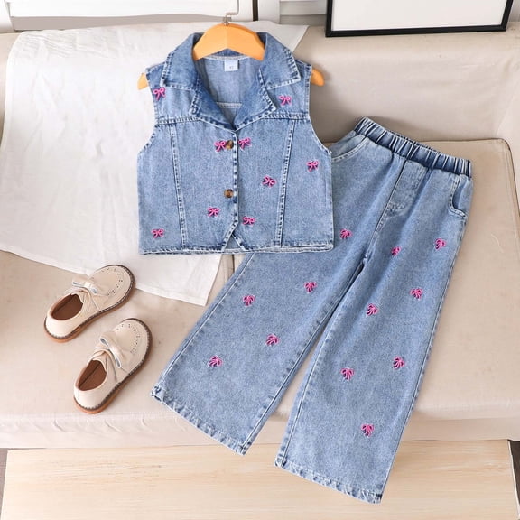 SONGGE Toddler Floral Print Sleeveless Denim Jacket And Pants Two Piece For Girls Summer Casual Outfit Sets Back To School Lovely Clothes Sets