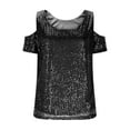 thumbnail image 4 of Ohufall Cold Shoulder Tops for Women Short Sleeve Trendy Sequin Streetwear T-shirts Casual Loose Fit Crew Neck Tee Shirts, 4 of 6