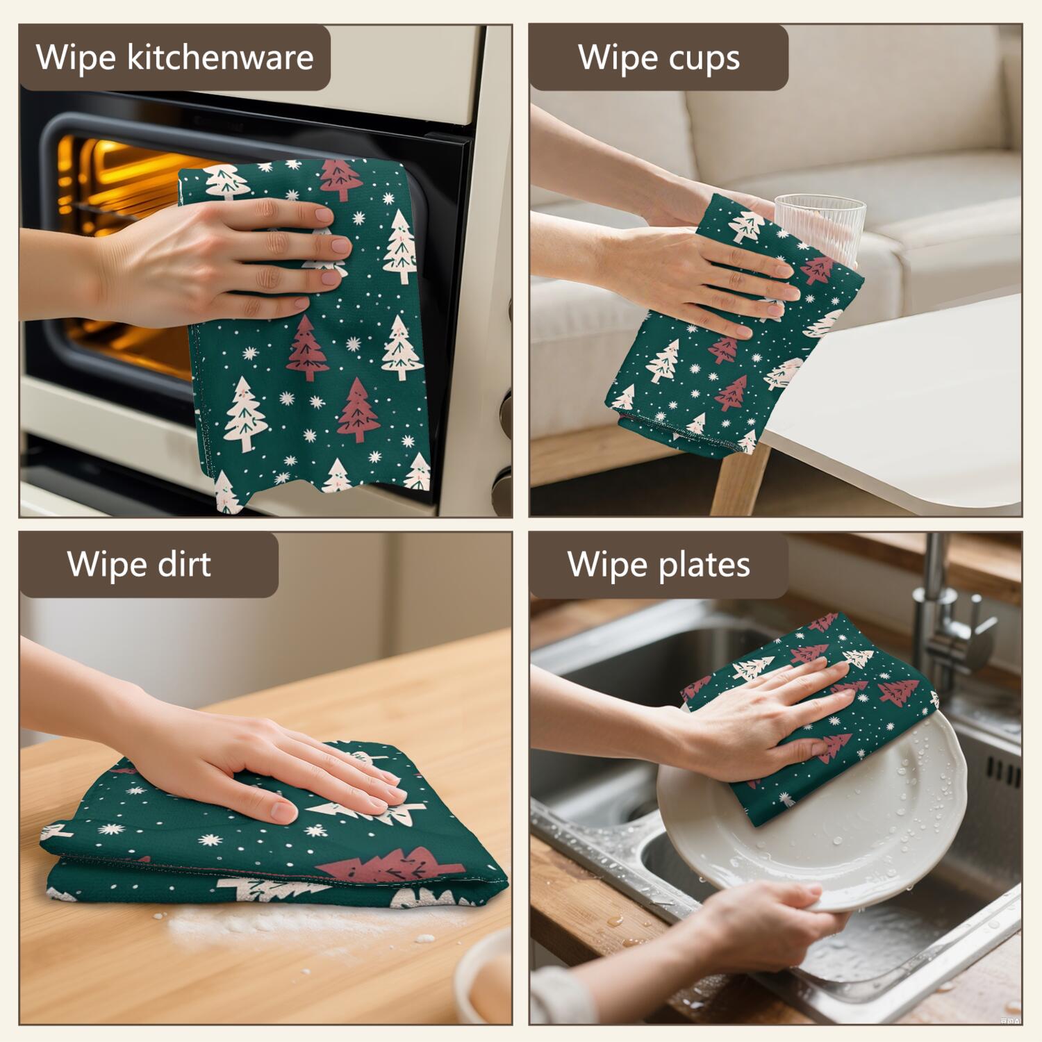 6 Pcs Funny Kitchen Towels,Dark Green Christmas Tree Pattern Microfiber Dish Towels,Kitchen Tea Towels,Kitchen Towel Set (18" X 26")