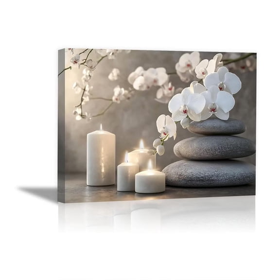 Mudket Framed Canvas Wall Art, White Orchid Candles Zen Stones Wall Decor, Elegant Calming Spa Floral Waterproof Art Prints for Bathroom Bedroom Living Room Home Decor - 12"L x 8"W