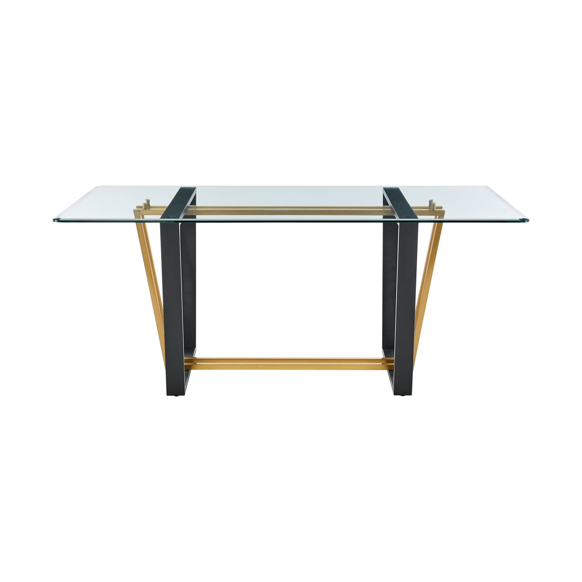 Kai 72" Rectangular Dining Table in Gold Stainless Steel and Black Iron Base with Glass Tabletop
