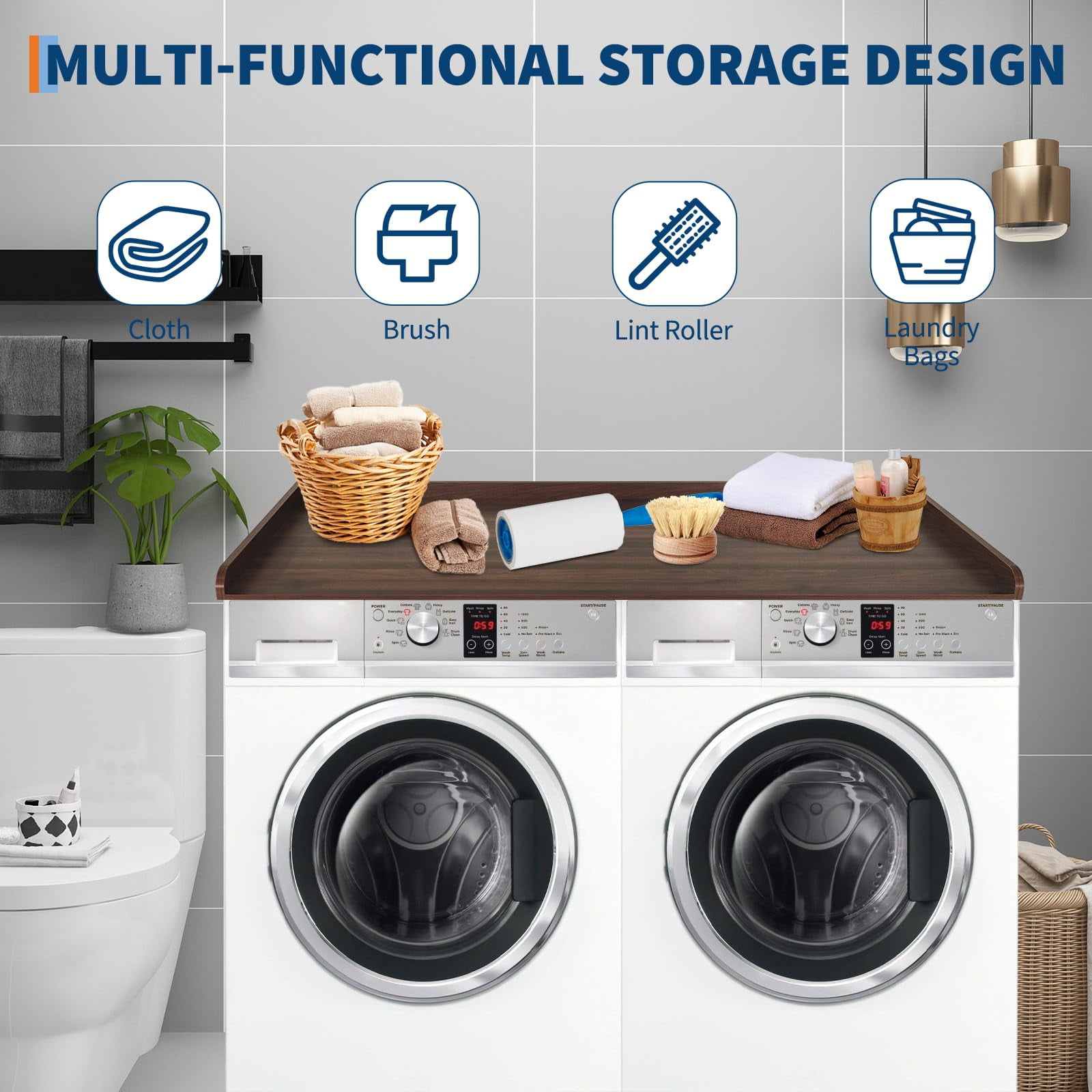 Huisuilinss Washer Dryer Countertop,Laundry Countertop,Wood Washer And Dryer Covers,Washer And Dryer Countertop With 2.75" H Edge Rails,Anti-Slip Pads For Laundry Room Organization And Storage