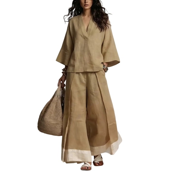Costeam Womens Solid Linen Blend Two Piece Outfit V Neck Three Quarter Sleeve Crop Top Contrast Cuff Wide Leg Full Length Pants Loose Fit Casual Bohemian Co Ord Set