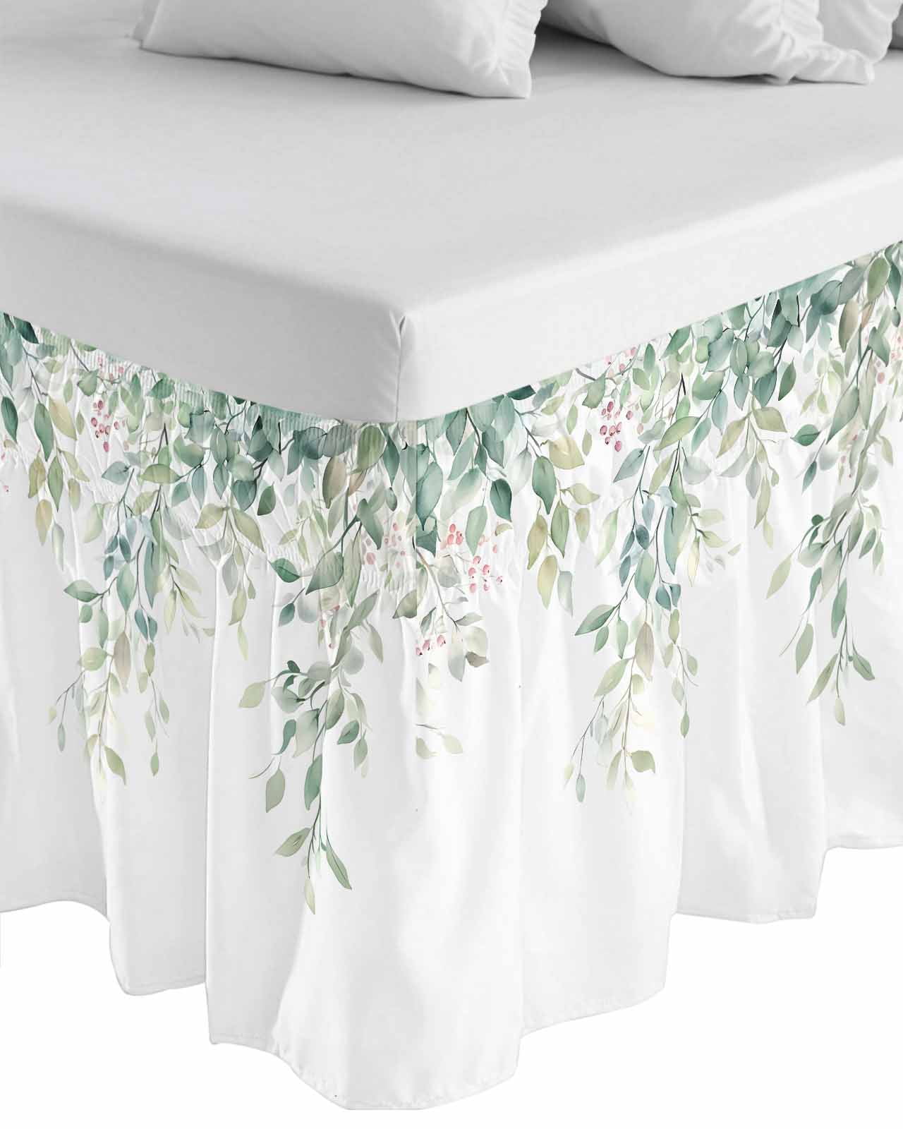 Eucalyptus Leaves Bed Skirt Queen Size, Sage Green Botanical Spring Summer Wrap Around Bed Skirting with Adjustable Elastic Strap, Dust Ruffle Pleated Bedskirts 16 Inch Drop for Bedroom Queen Beds