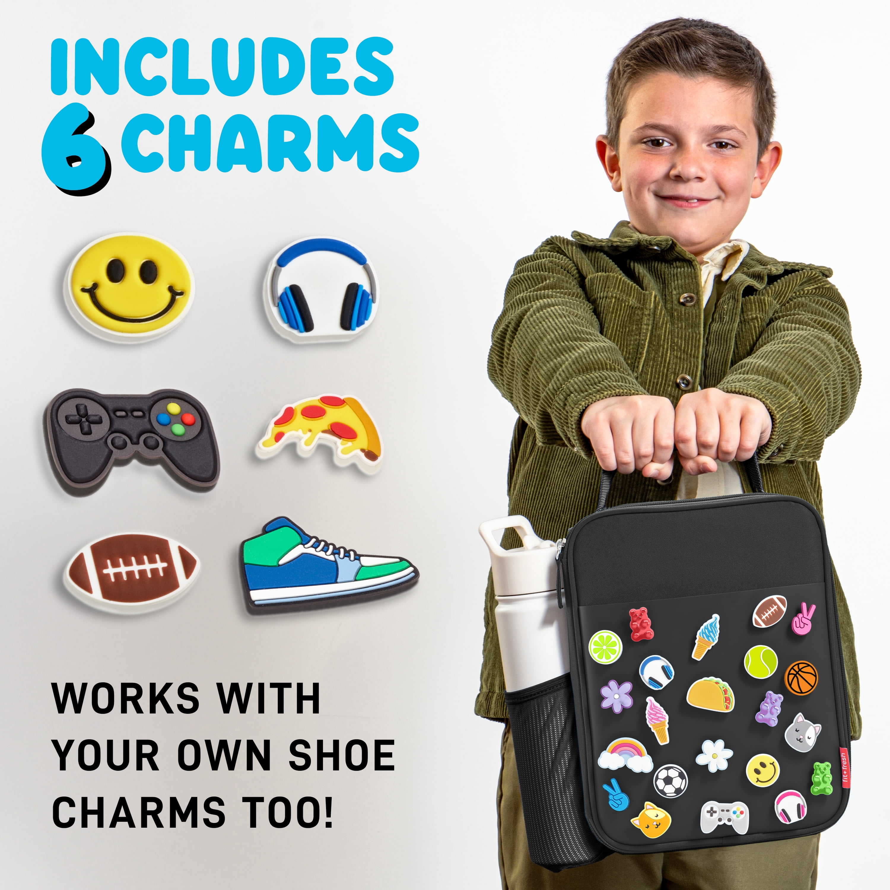 Fit + Fresh Black Charm Insulated Lunch Bag with 6 Shoe Charms for Kids, Boys and Girls