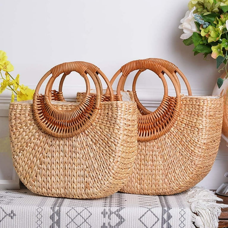 Kukuzhu Straw Tote Bag for Women Handmade Straw Rattan Woven Handbag Summer Beach Bag Moon Shape Tote Bag Rattan Clutch Purse Walmart
