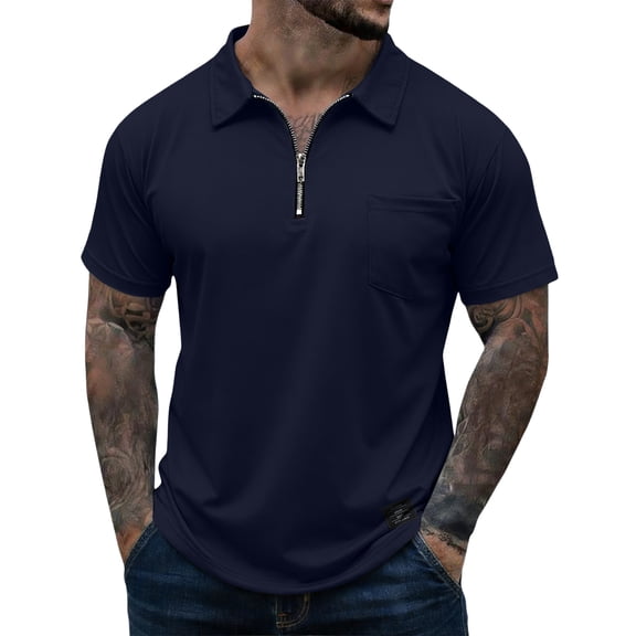 Mens Polo Shirts Short Sleeve Quarter Zip Oversized Workout Golf T-Shirts Light Weight Comfort Athletic Muscle Shirt Navy M