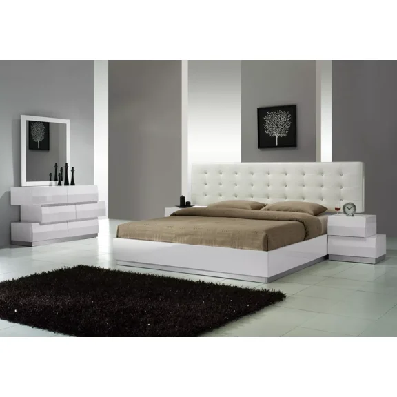 3 Piece Unique Design Modern Bedroom Set, Queen Platform Bed, Dresser and Mirror, White Lacquer