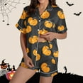 thumbnail image 2 of SwiftWear Playful Pumpkin Print Fall Pajama Set for Women - Festive Sleepwear & Home Wear, Collared Short Sleeve Top with Matching Shorts Black, 2 of 8