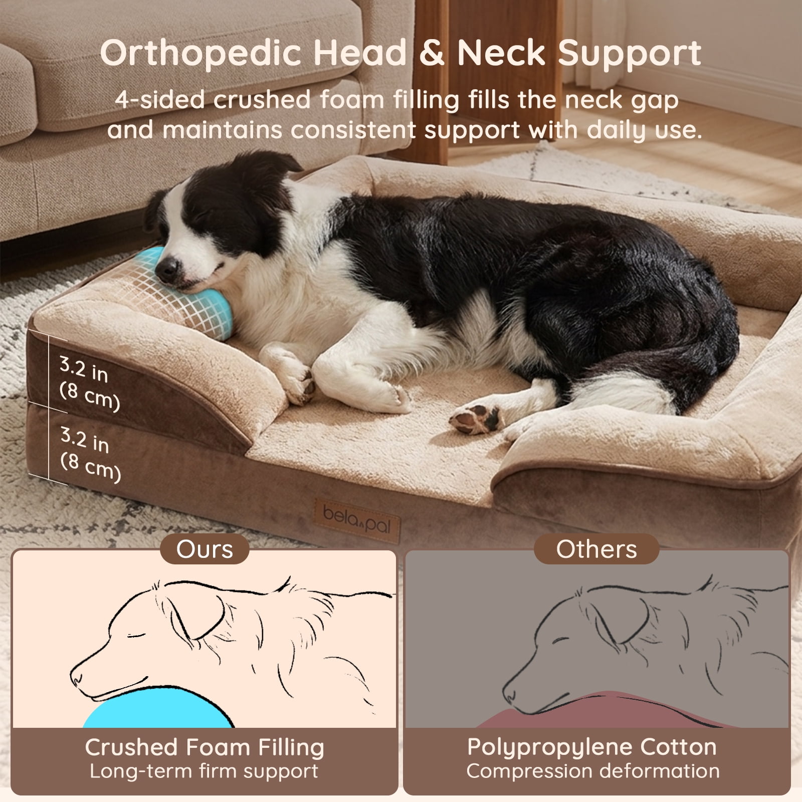 BELLA & PAL Orthopedic Dog Bed for Large Medium Dogs – No Assembly Needed, Egg-Crate Foam Dog Couch with Waterproof Liner, Washable Removable Cover, Non-Slip, 36"x27"x6.5", Mocha