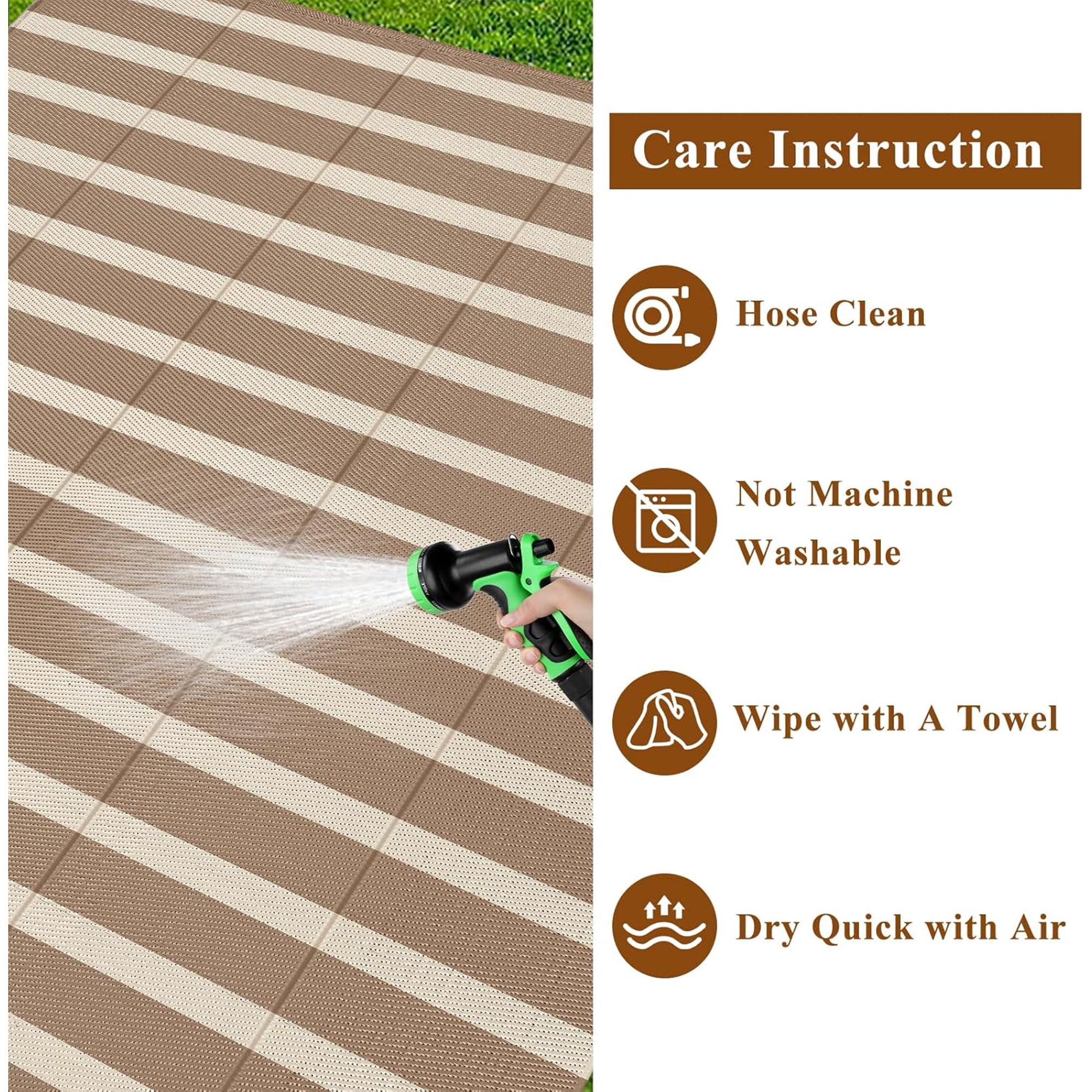 Enyhom Waterproof Outdoor Rug 6'x9', Reversible Striped Patio Rug, Plastic Straw Outdoor RV Carpet for Outsides, Patio, Camping, Balcony, RV and Deck, Brown/Beige