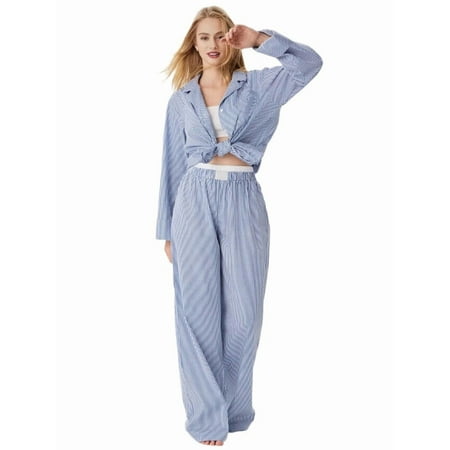 Osfvolr Women S Cotton Long Sleeve Pajama Set Stripe Button Down Pj Set Blue M
