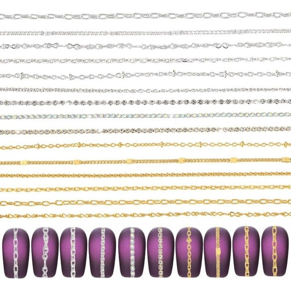 1 Set 15 Styles Nail Chains Set Nail Jewellery Chians 45 inch Metal Nail Chain Charms Punk Style Nail Accessories Diamond Chain for Nail Art Decorations Nail Ornaments Stud DIY Golden/Silver