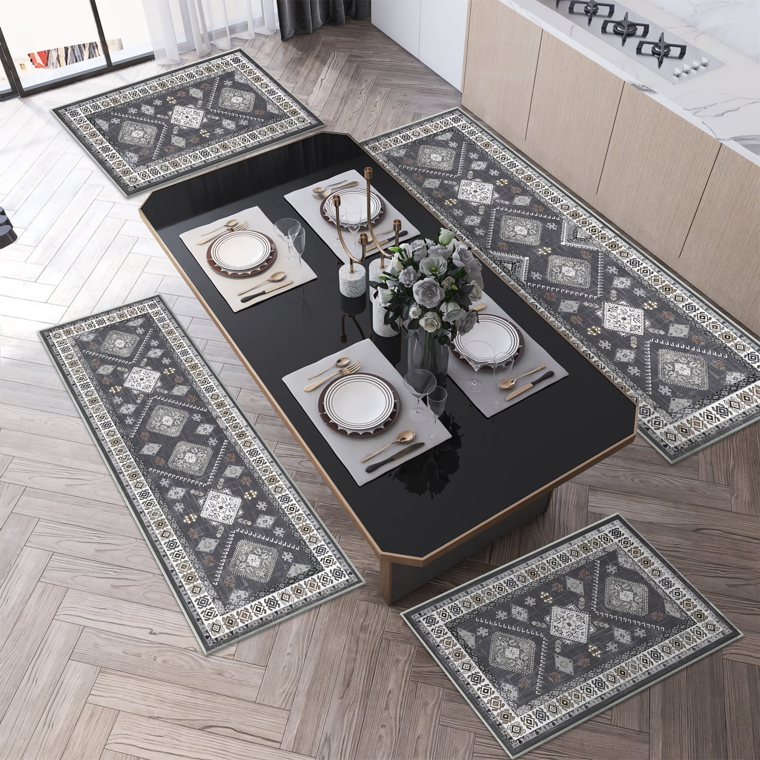 TECHVIDA Kitchen Rugs 4 Piece,kitchen mats for floor,Non-Slip Machine Washable Rugs,Boho Vintage Kitchen Mat for Hallway Laundry Room Sink