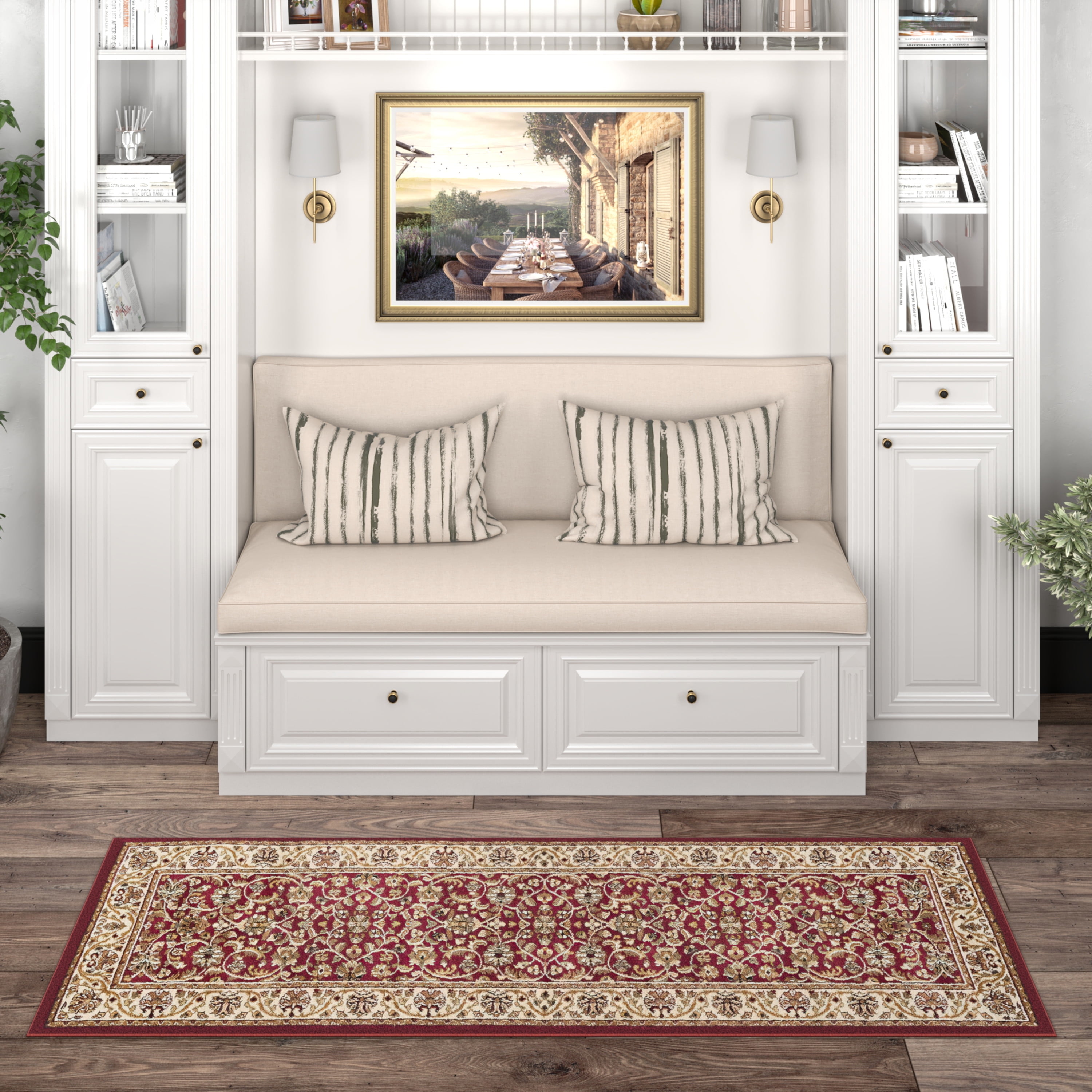 Sensation Traditional 2' x 7' Red and Beige Polypropylene Indoor Area Rug