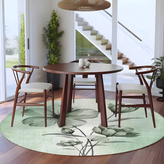 Green Tulip Buds 5ft Round Rug for Dining Table for 4 People Under Table Placement, Botanical Floral Rustic Retro Farm Washable Non Slip Circle Area Rug