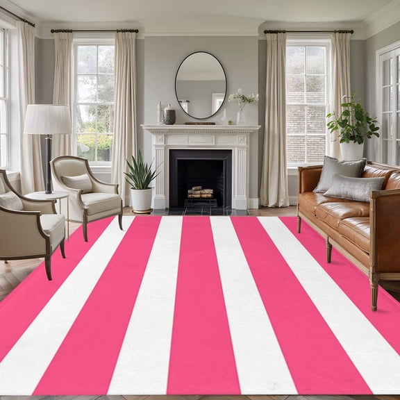 5x8 Area Rugs, Pink Striped Non-Skid Rubber Backing Large Rectangle Rugs - Living Room Bedroom Home Office, Modern Simple Monochrome Geometric White Indoor Floor Mat Carpets Washable Rug
