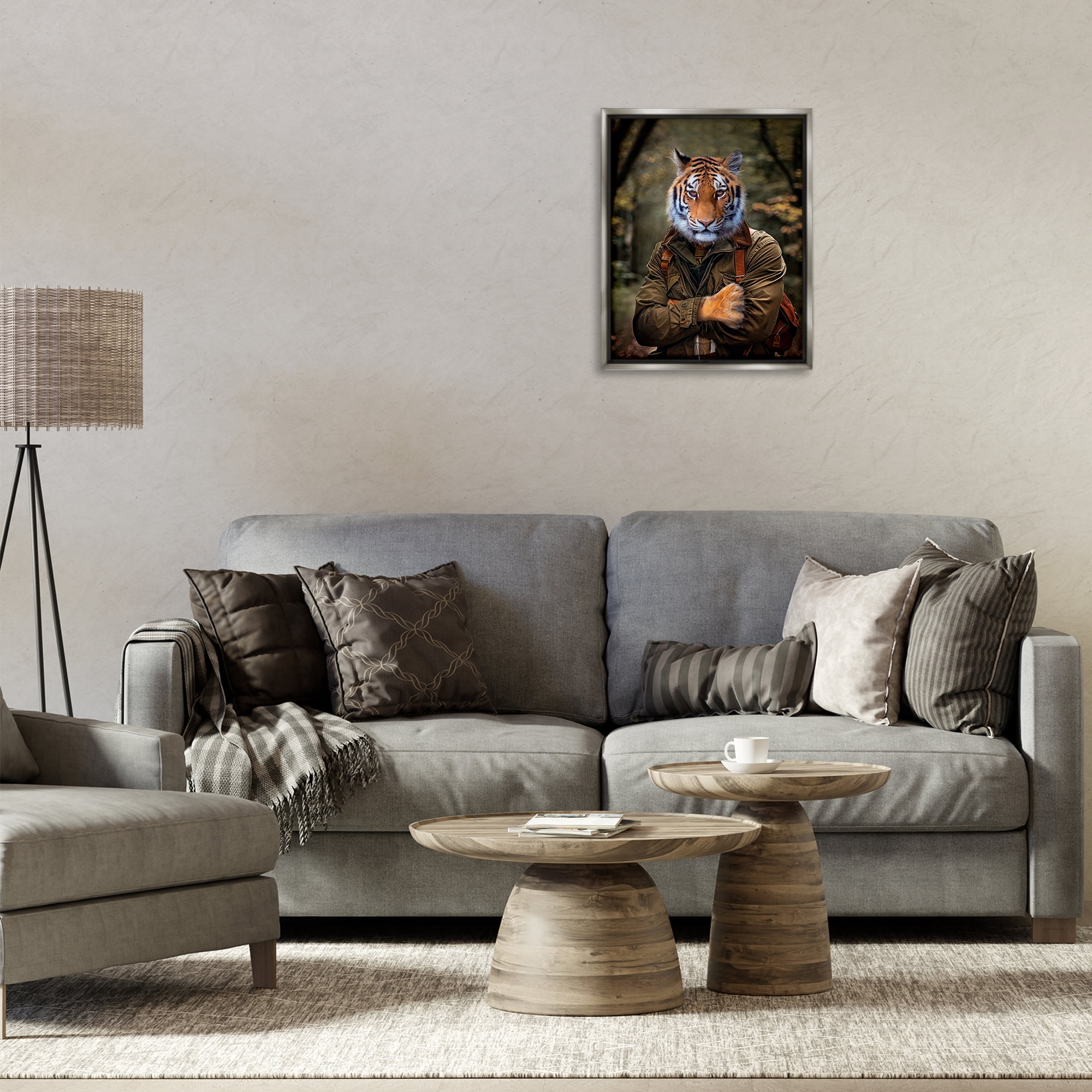 Stupell Industries Tiger in Hiking Attire Animals & Insects Painting Gray Floater Framed Canvas Art Print Wall Art, 17 x 21