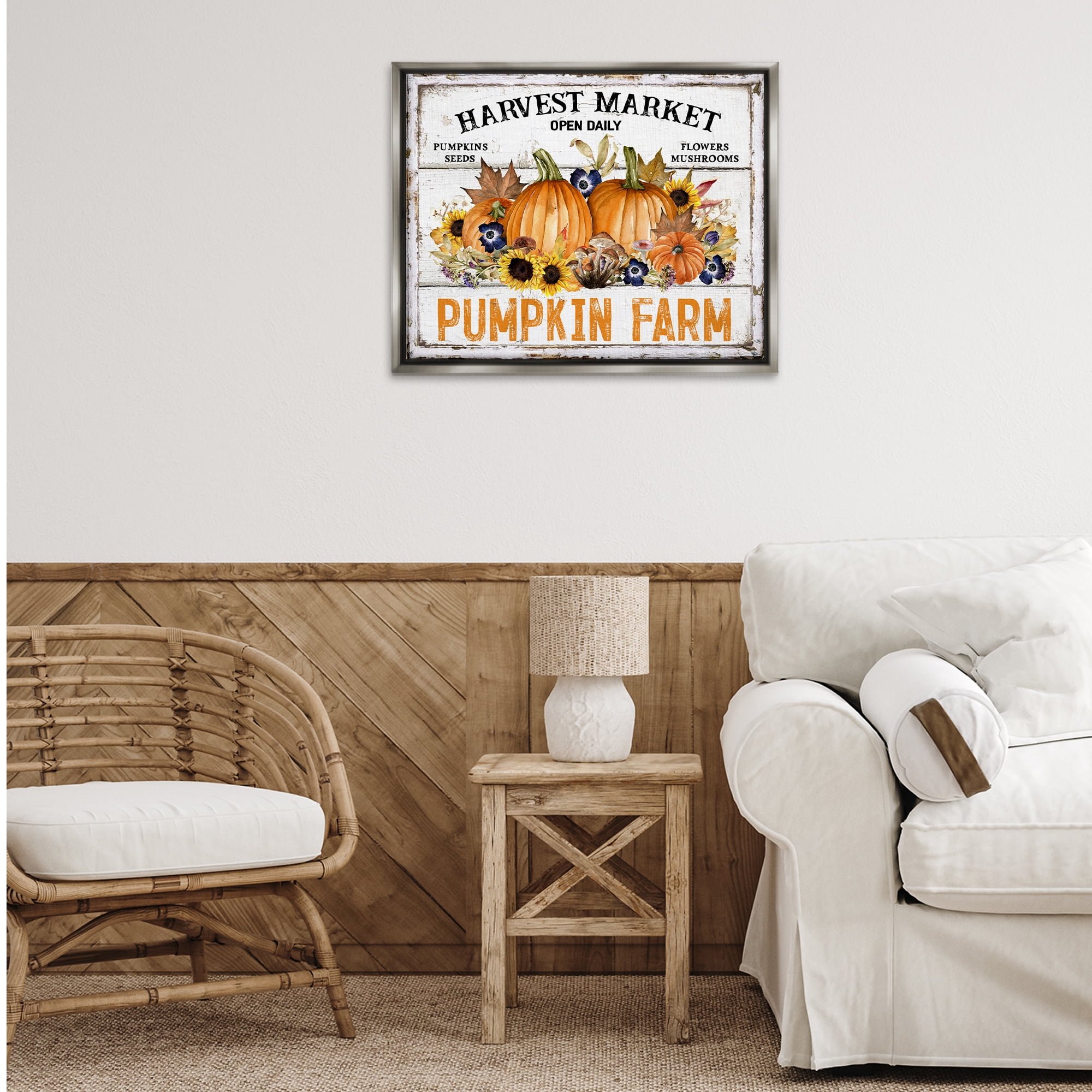 Stupell Industries Pumpkin Farm with Sunflowers Holiday Painting Gray Floater Framed Canvas Art Prints Wall Art, 31 x 25