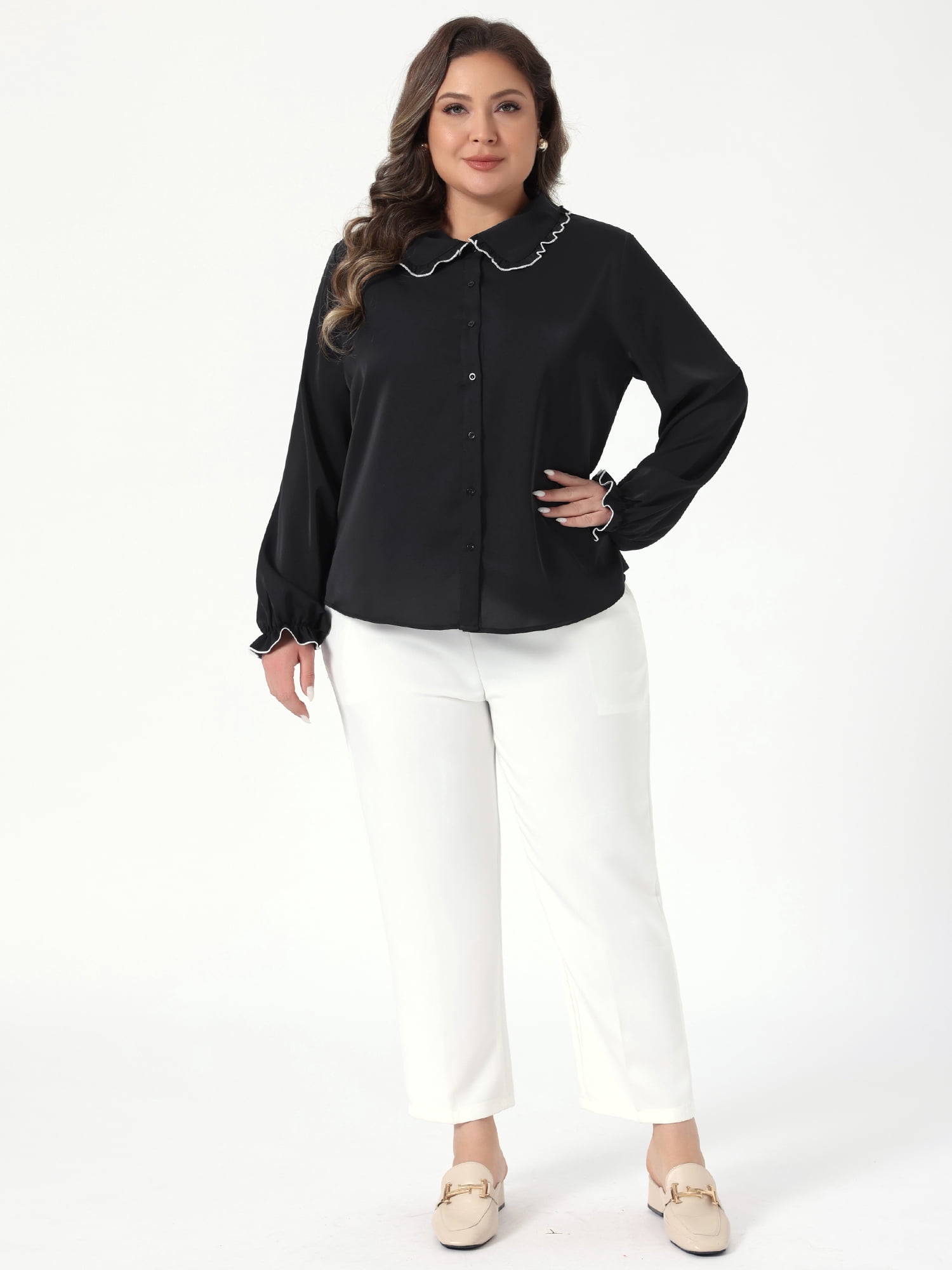 DARING DIVA Women's Plus Size Ruffle Long Sleeves Panper Pan Tops 3X Black