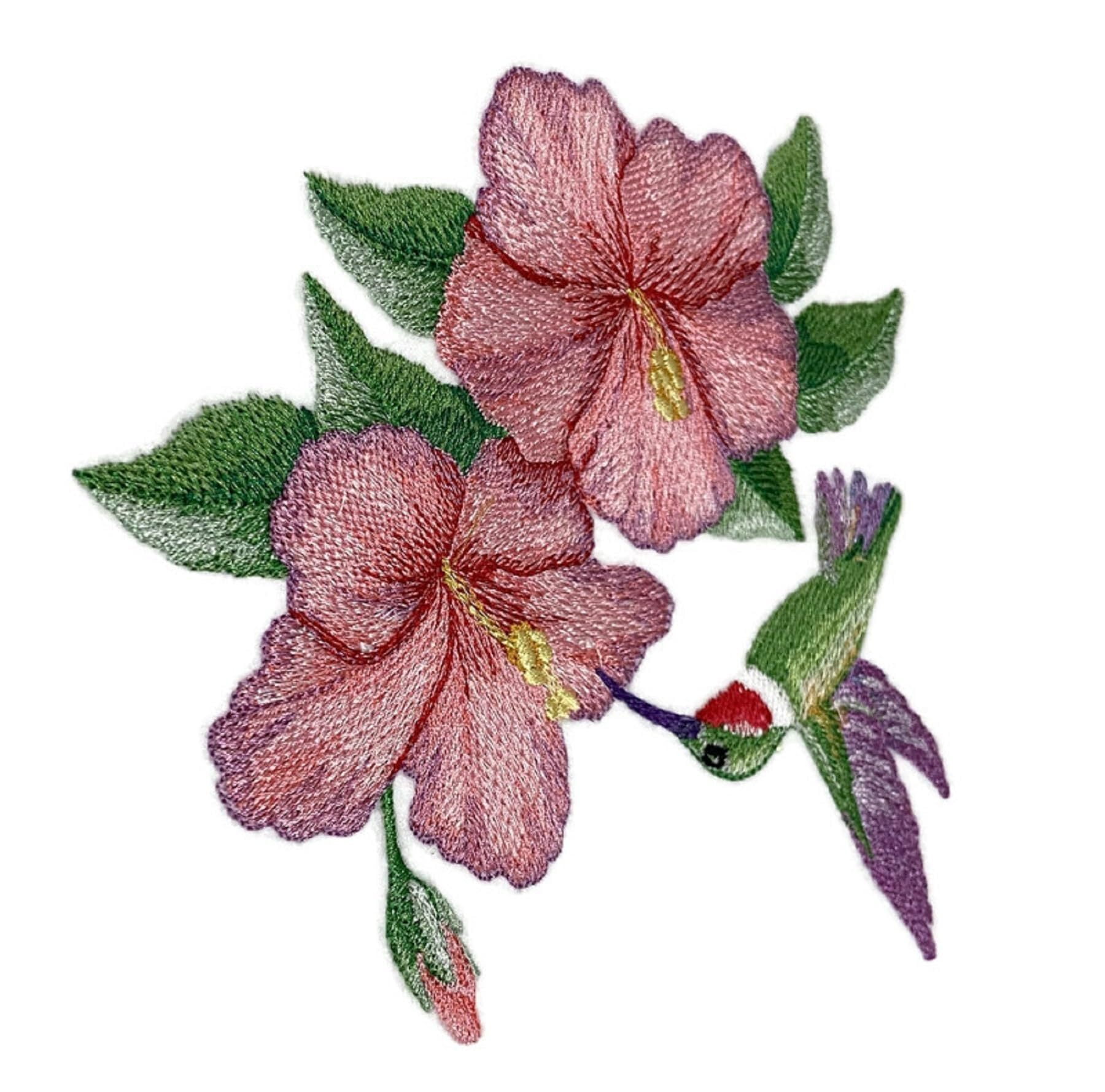 Beyond Vision Custom Bird Calming Hummingbird and Hibiscus Embroidery Iron On/Sew Patch (6.24" x 5.85")