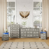 Holliwill Dresser Nightstands Set, 4 Pieces Bedroom Furniture Set, Wide 10 Drawer Dresser, Tall 6 Drawer Dresser and 2 Drawer Nightstand with LED Lights & Charging Station, Grey