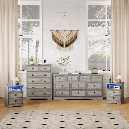 Holliwill Dresser Nightstands Set, 4 Pieces Bedroom Furniture Set, Wide 10 Drawer Dresser, Tall 6 Drawer Dresser and 2 Drawer Nightstand with LED Lights & Charging Station, Grey