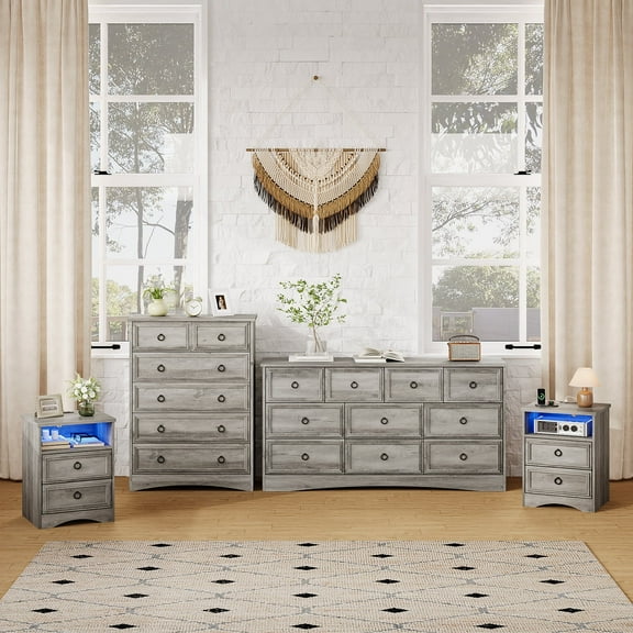 Holliwill Dresser Nightstands Set, 4 Pieces Bedroom Furniture Set, Wide 10 Drawer Dresser, Tall 6 Drawer Dresser and 2 Drawer Nightstand with LED Lights & Charging Station, Grey