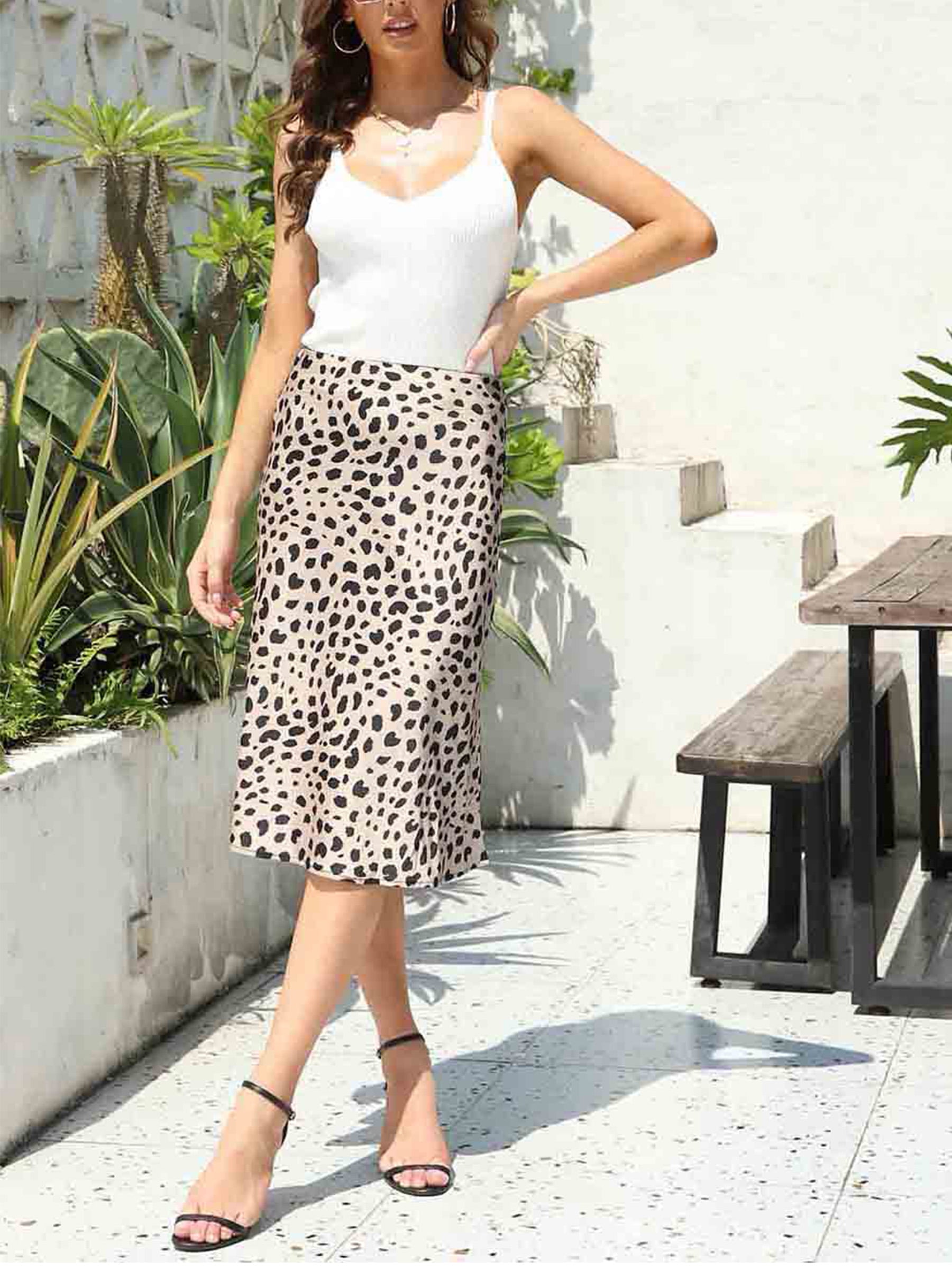 Keasmto Leopard Print Skirt for Women Midi Length Cheetah High Waist Silk  Satin Summer Skirts XS 