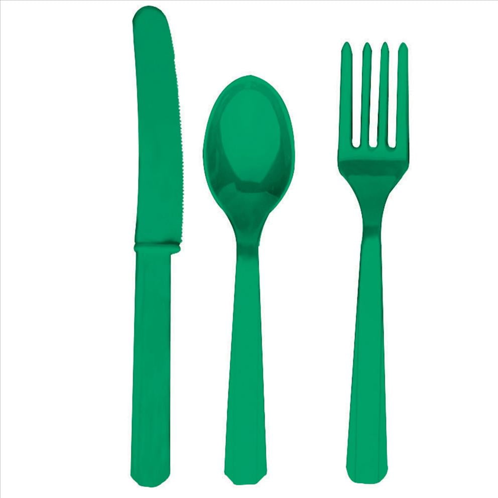 Green Fork Knife And Spoon Set Plastic Package Of 24
