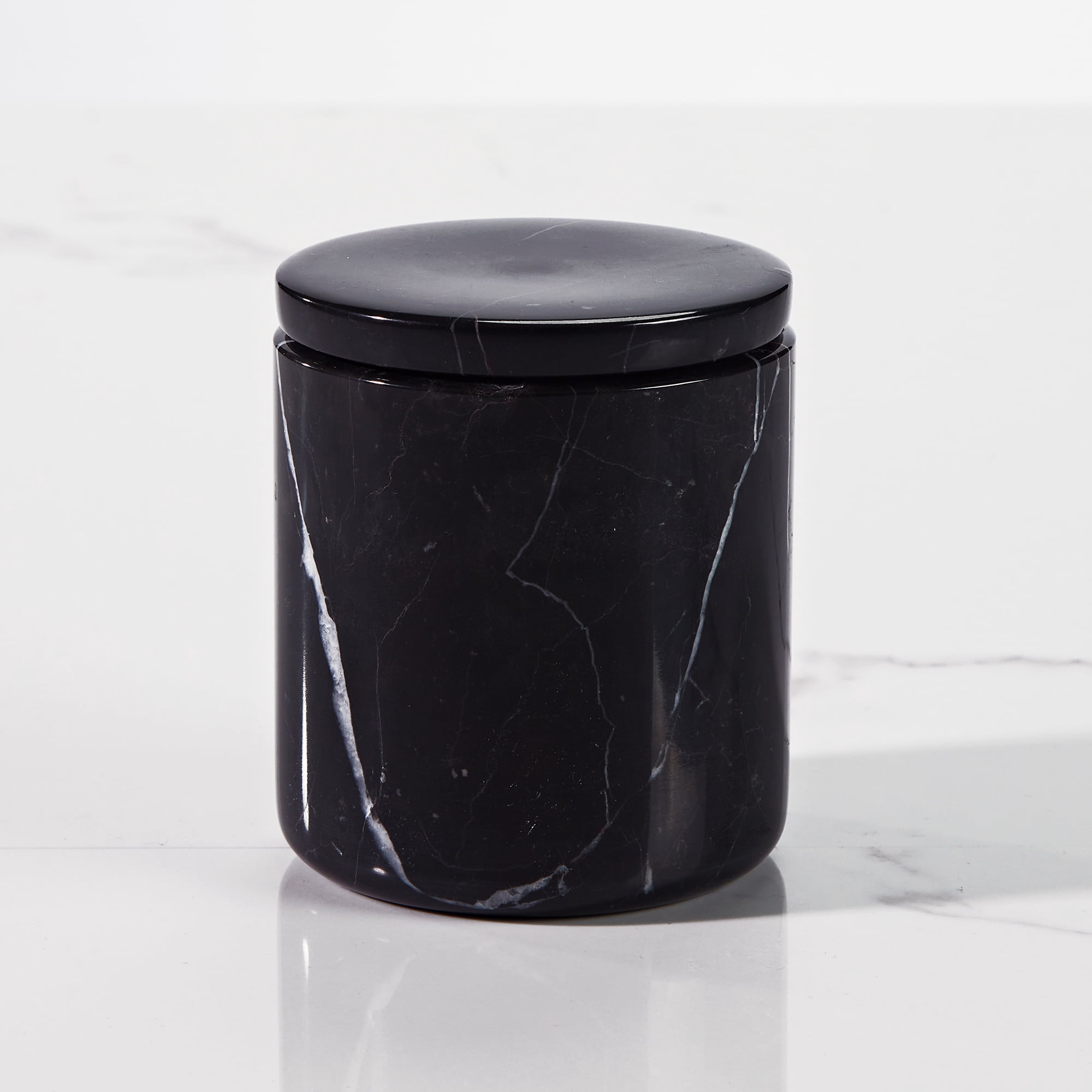 Natural Round Black Marble Canister 5.07 inch L × 5.07 inch D × 5.26 inch H, Sturdy Qtip Holder Dispenser with Lid for Cotton Swab, Pads,Floss Picks,Balls Organic Vanity Makeup Storage