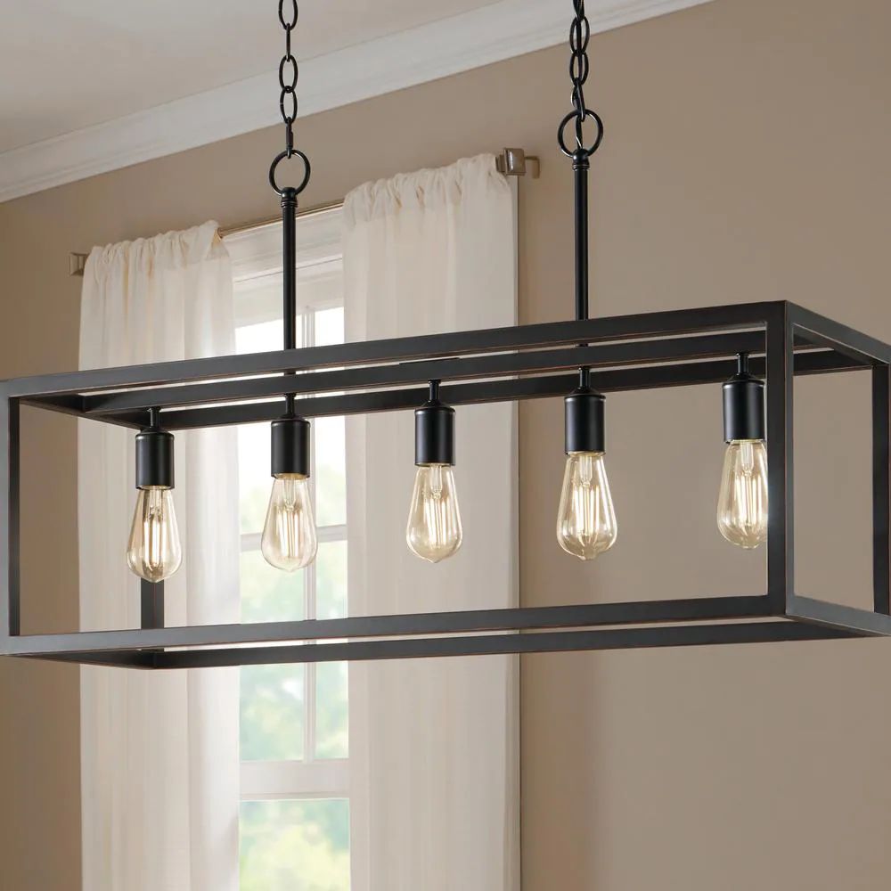 Hampton Bay Boswell Quarter 5-Light Black Industrial Linear Island Hanging Chandelier for Kitchen Islands and Dining - image 3 of 6