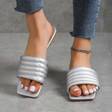 

Fashion Womens Summer Peep Toe Square Toe Flats Beach Casual Slippers Comfortable Walking Shoe