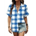 thumbnail image 2 of Perfectbot Women Short Sleeve Tops Casual Button Shirts Collar Plaid Print Summer Blouse, 2 of 5