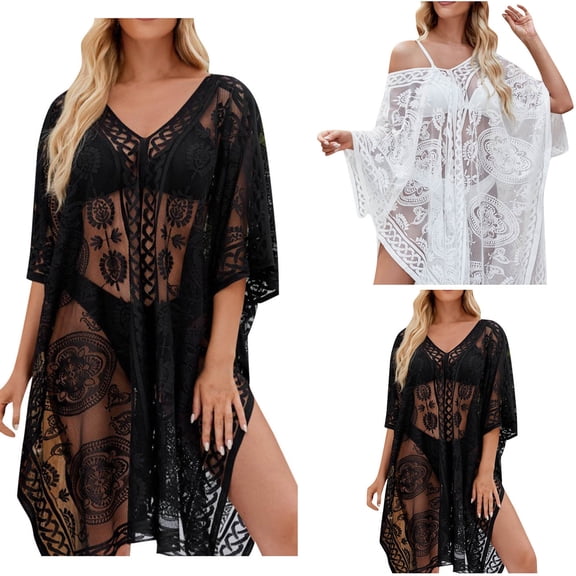 Tqyyweavej Womens Sexy Lace Beach Cover Up V Neck Sheer Loose Bathing Suit Free Size Elegant Swimsuit Coverup for Seaside, Party