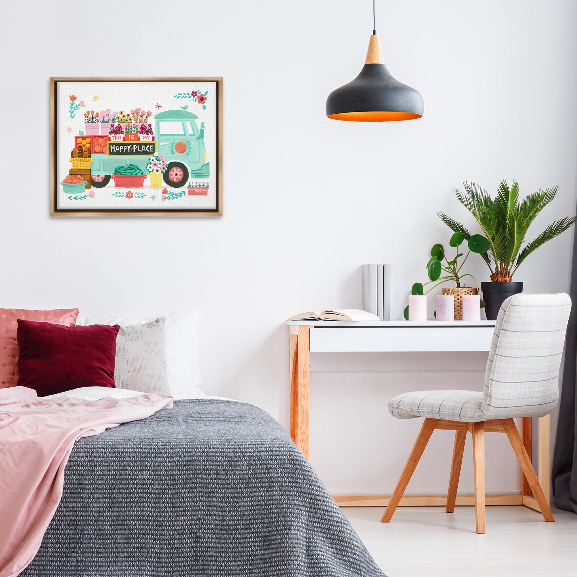 Stupell Industries Happy Place Flower Truck Plants & Flowers Painting Brown Floater Framed Canvas Art Print Wall Art, 31 x 25