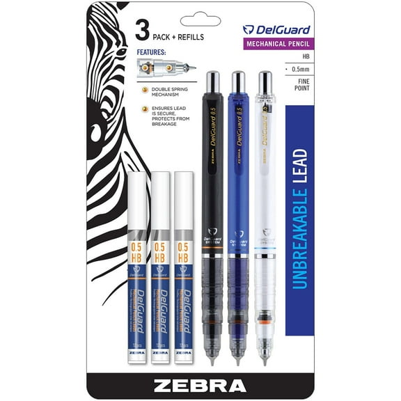 Zebra Pen DelGuard Mechanical Pencil 0.5mm Assorted 3pk w 3 Bonus Lead