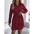 thumbnail image 6 of Women'S Collar V Neck Button Down Pleated Long Sleeve Mini Shirt Dress with Belt Wine Red S, 6 of 8