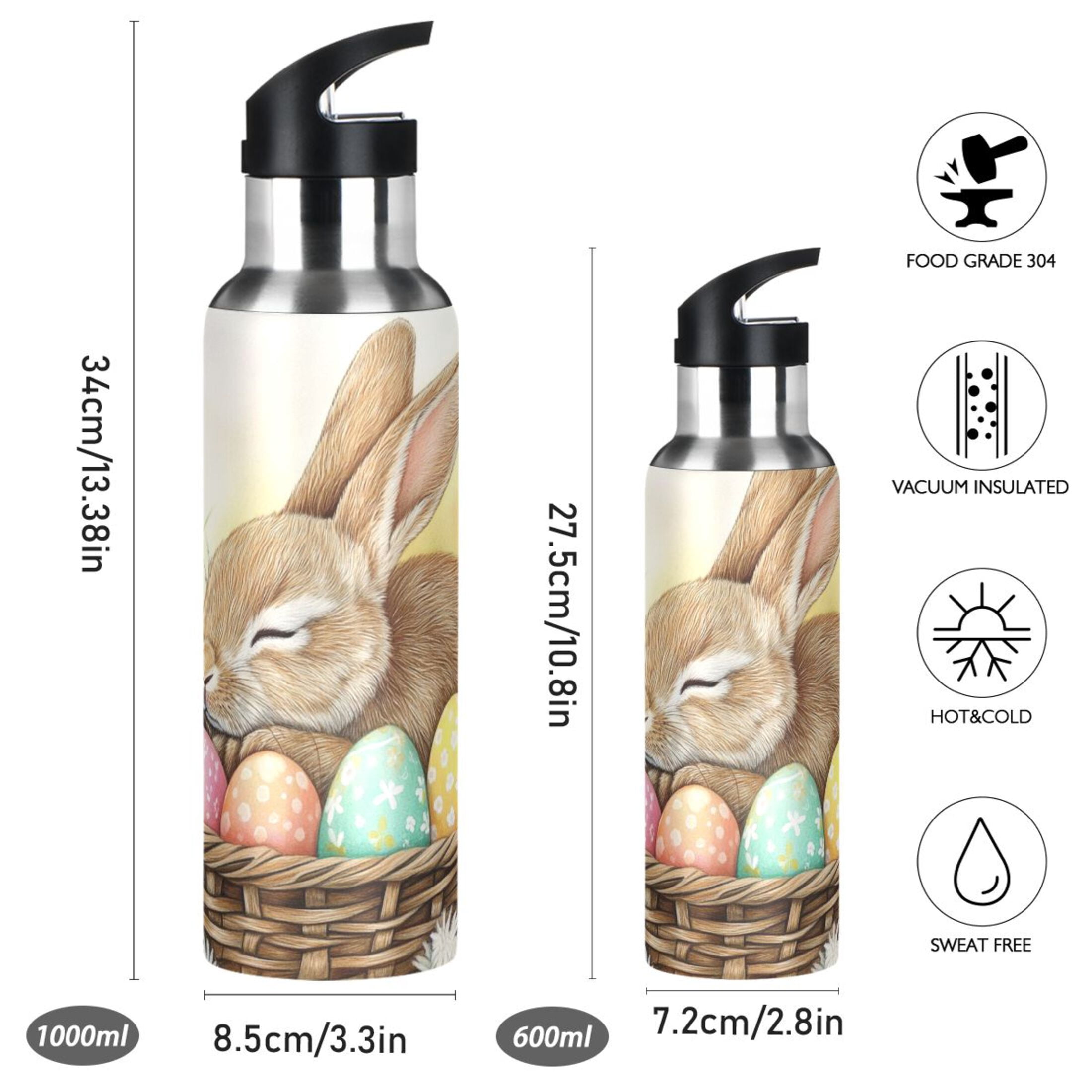 Rabbit Sleeping in Easter Basket Eggs Sports Bottle with Straw Stainless Steel Water Jug Portable Thermal Cup Leak-proof 1000ML