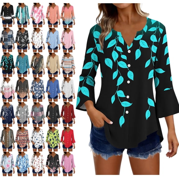 Danhjin Print Button Down Shirts for Women Flared 3/4 Sleeve Loose Fashion Shirts Casual Going out V Neck Graphic Fall Summer Spring Tops