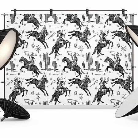 White Black Western Cowboy Photography Backdrop 12x8FT Vintage Cactus Cowboy Hat Horse Star Photo Backdrops Background for Photography Studio Photo Studio Background Back Drop for Photoshoot